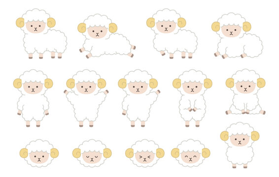 かわいい羊のベクターイラストセット。干支、十二支、未、アイコン、未年、年賀状
