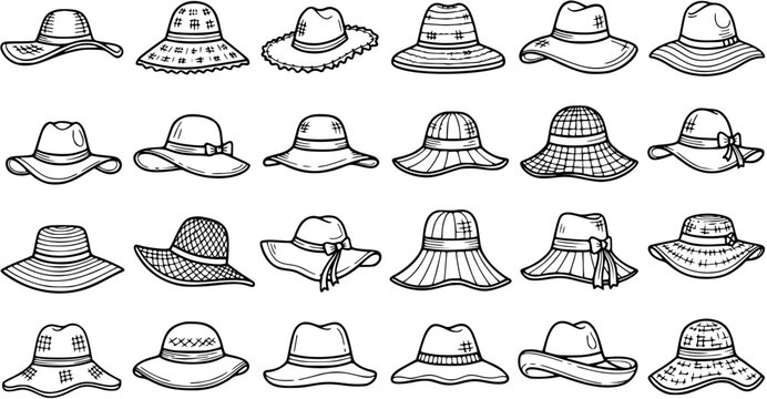 Black and White Line Art Illustration of Various Sun Hats for Fashion and Summer