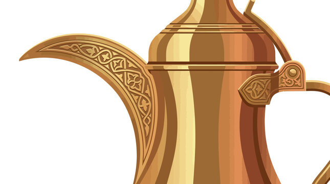 An ornate traditional metal teapot sits on a table indoors with decorations.