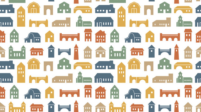 Abstract seamless pattern with colorful houses and buildings for creative design projects