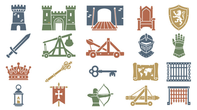 Collection of Medieval Objects Illustrations: Shields Armor Weapons Tools Castles Crowns