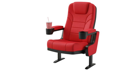 Obraz premium Red cinema seat with cup holders and drink 3d rendering on transparent background chair theater movie