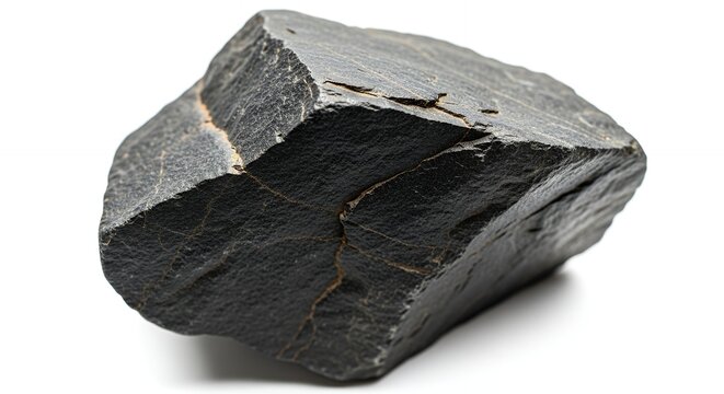 Rough, dark gray rock with jagged edges on a white background, showcasing its natural texture and raw form.