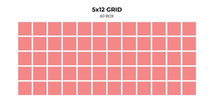 5x12 grid layout template with 60 box frames for moodboard, portfolio presentation, social media feed post, and geometric bento grid design mockup isolated on white background.