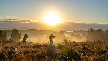 Fototapeta premium Silhouette of soldiers running through a misty field at sunrise, AI generated photo.