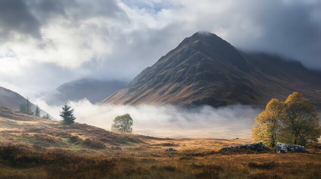 Majestic mountain landscape shrouded in clouds during early morning light