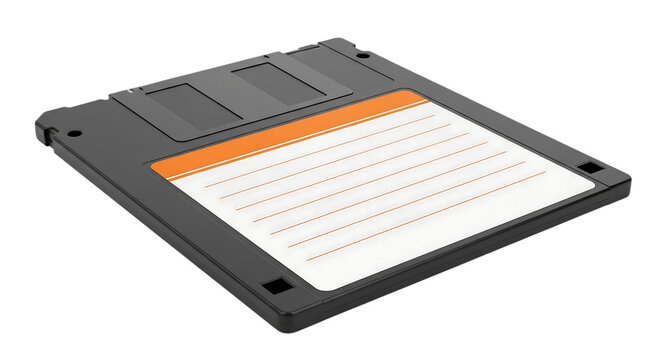 Black plastic floppy disk with orange label area on transparent background disket storage media magnetic data