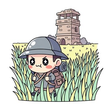 Chibi Explorer Adventuring in a Grassy Field with a Watchtower.