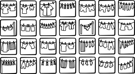 Fototapeta premium Black and White Line Art Icons of Laundry Drying on Clothesline