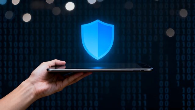 Hand holding tablet with shield icon