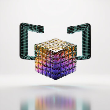 Ethereal Suspension Casting of Iridescent Liquid Gold Cube with Precision Robot Arms, Dynamic Flow Matching Metaphor for Intangible Assets and Innovation.