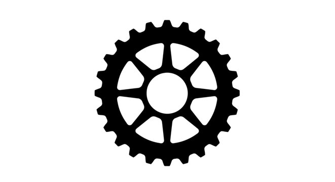 Isolated black silhouette of a bicycle sprocket with spokes on a white background. Gear wheel icon for mechanics, cycling, and engineering design.