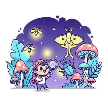Cute Boy Exploring Magical Night Forest with Fireflies and Insects.