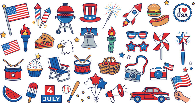 4th of July icon set vector illustration with American holiday elements