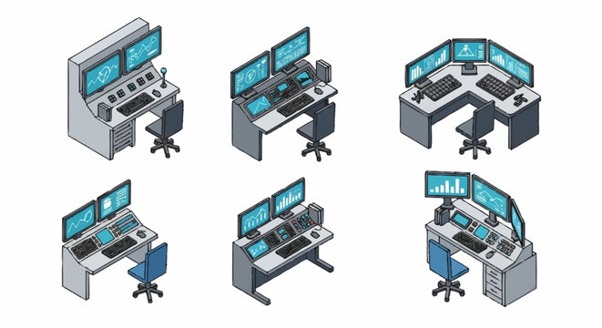 Futuristic drone control workstations with robotic arms and multiple monitors.
