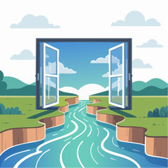 Fototapeta premium Open door to a serene landscape with a winding river flowing through a green valley
