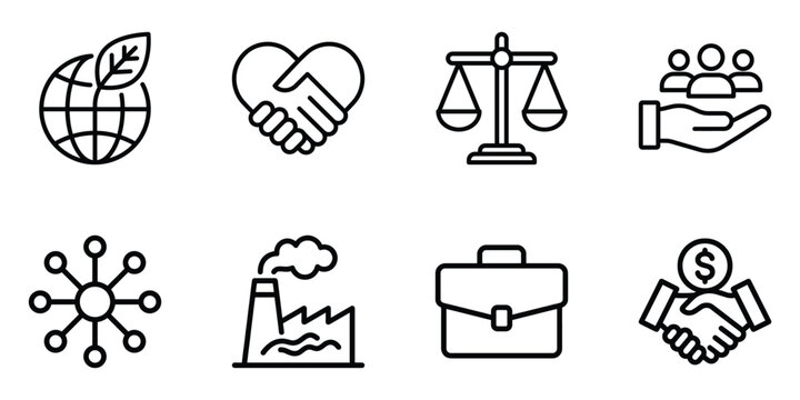 Corporate responsibility and business management icons set for ethics and industry with business