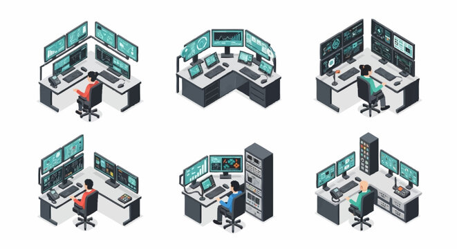 Isometric view of a modern control room with multiple computer monitors and operators working.