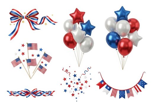Festive balloons and patriotic flag bunting decor isolated background for community events