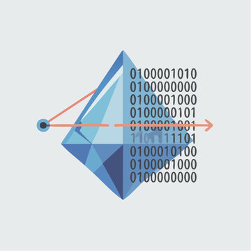 Blue crystal prism with binary code and orange laser beam vector illustration