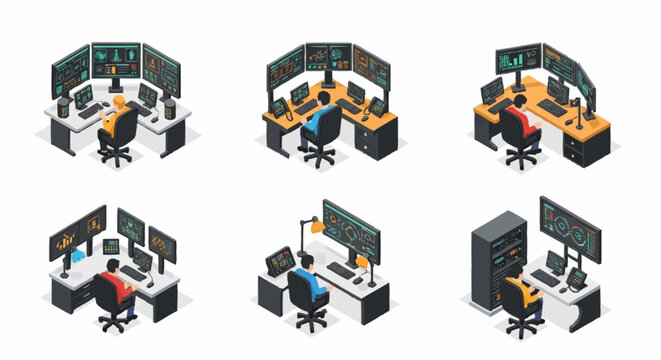 Isometric illustration of people working at computer workstations with multiple monitors, representing technology and data analysis.