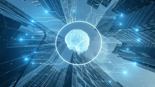 Futuristic cityscape with glowing brain interface.