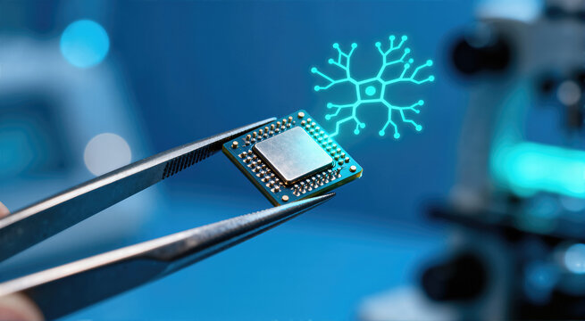 Tweezers holding metallic microchip projecting glowing cyan neuron network. Brain computer interface and neurotechnology concept in blue lab