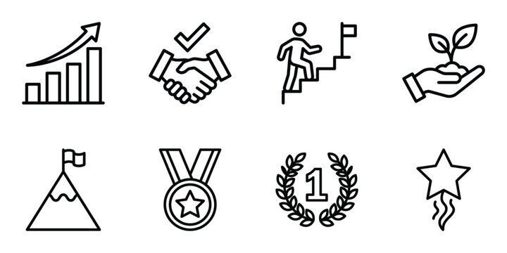 Collection of business success and achievement line icons with business achievement handshake