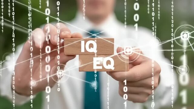 Businessman holding wooden blocks with IQ and EQ letters.