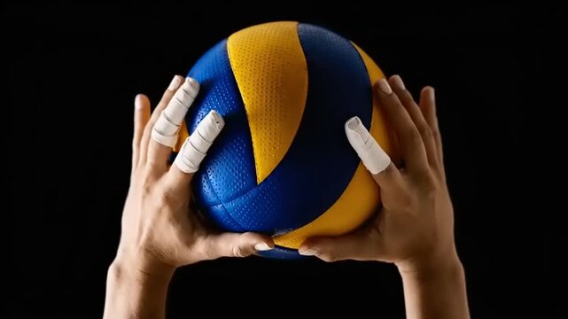 Person holding a volleyball with white tape on fingers.