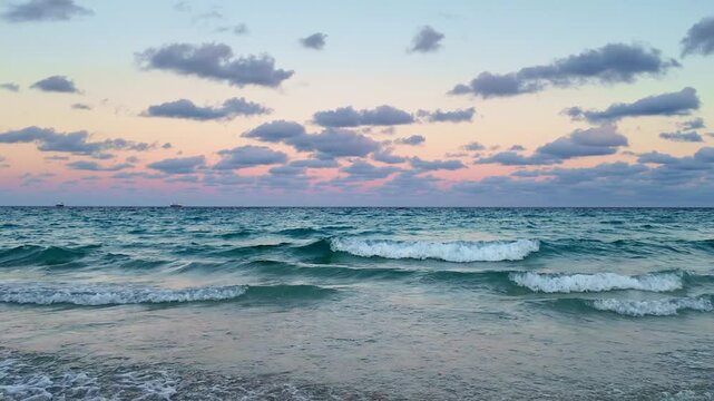 Skyscape with sea horizon. Scenic horizon view at sea nature. Romantic summer vacation view on seascape. Sea horizon view. Dramatic sky and seascape at summer vacation, 4k