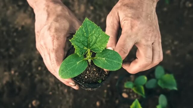 Hands gently holding a young green plant.