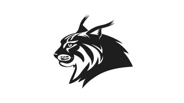 Strong stylized black and white illustration of a bobcat or lynx head in profile, fierce wild cat mascot design.