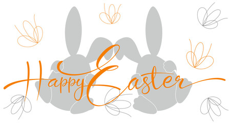 Obraz premium Happy Easter gold calligraphy with a bunny egg background and ribbon decoration. Vector illustration for greeting cards, advertisements, promotions, posters, flyers, and web banners