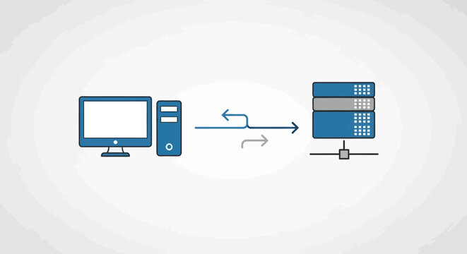 Computer connects to server via network cable for data transfer