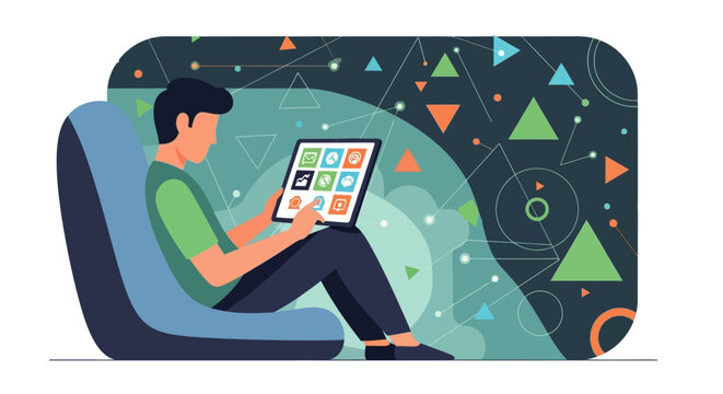 A man sits in a chair looking at a tablet with a colorful graphic design