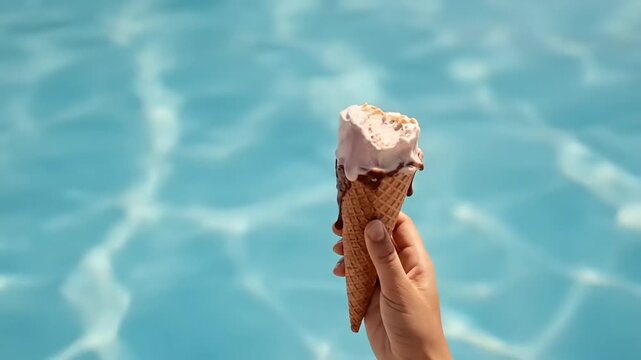 Hand holding ice cream by swimming pool.