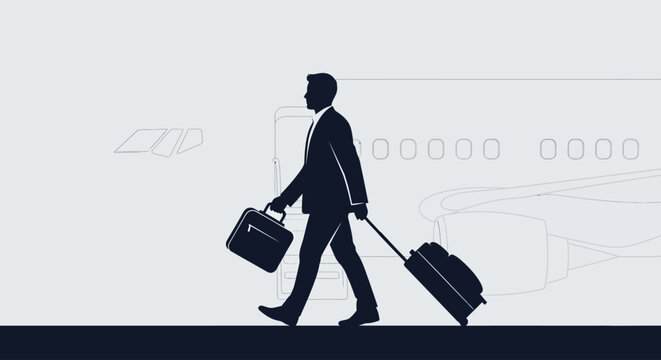 Businessman walking with luggage towards airplane at airport terminal gate