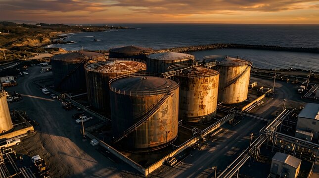 Storage tanks stand near the ocean during a calm and golden sunset hour.