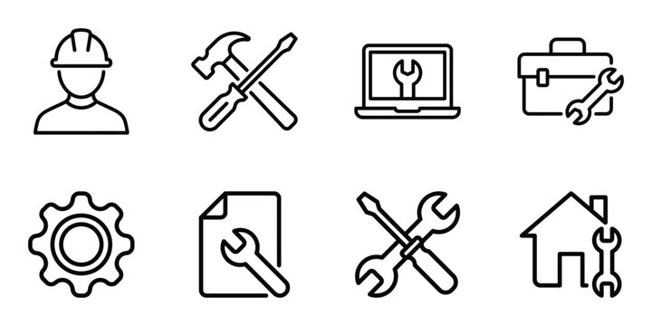Set of engineering and repair service linear icons for technical maintenance with engineering