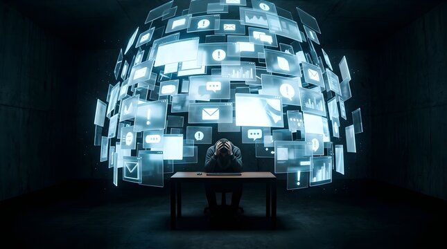 Businessman feels overwhelmed by data floating in a digital work space.