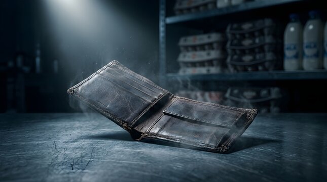 Wallet rests on a dark surface suggesting financial struggle or lost personal items.