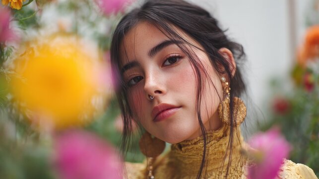 Floral portrait of a beautiful young woman surrounded by vibrant flowers
