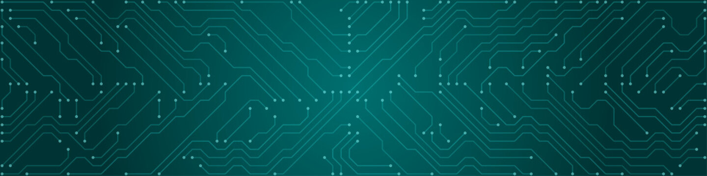 Teal circuit board pattern with glowing lines and nodes on a dark background abstract technology concept