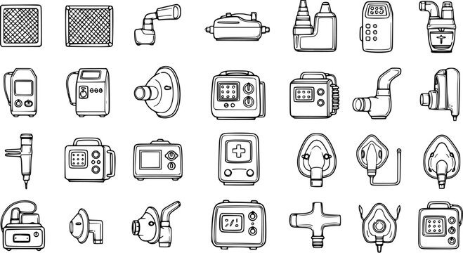 Medical Respiratory Equipment Line Art Icons Set: Hand-drawn Healthcare Devices, Nebulizers, Masks, and Filters for Pulmonary Care