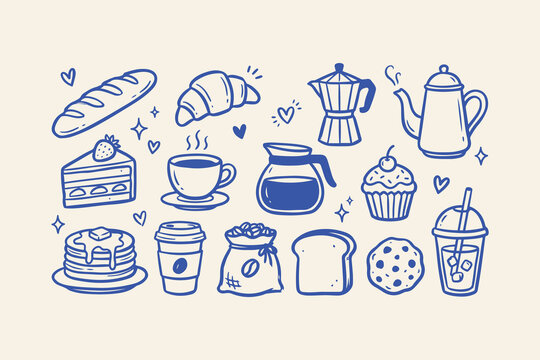 Set of cute hand drawn coffee and bakery doodles featuring coffee pots cups croissants cake pancakes bread and cookies for cafe menu or breakfast themed creative design projects Vector