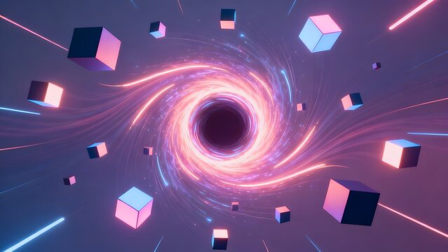 Abstract space vortex with floating cubes