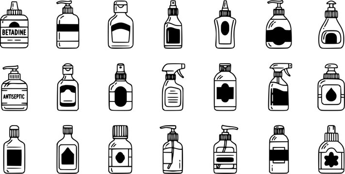 Black and White Line Art Icons of Medical Bottles and Dispensers
