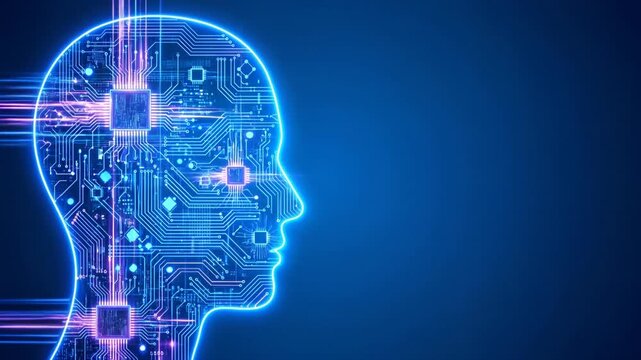 Human head silhouette filled with glowing neon circuitry and interconnected data lines, advanced artificial intelligence, machine learning and digital processing concept, 4K video