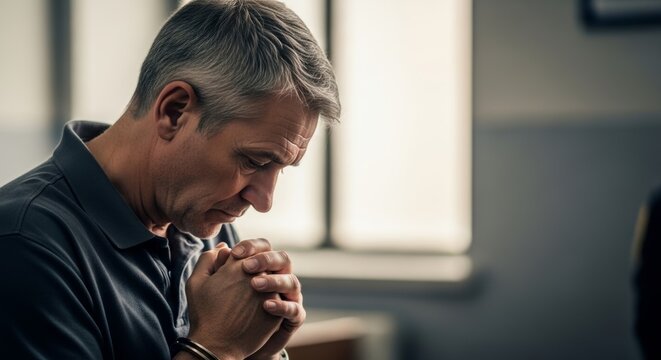 Sad man in handcuffs holding his hands together experiencing severe stress after committing a crime.